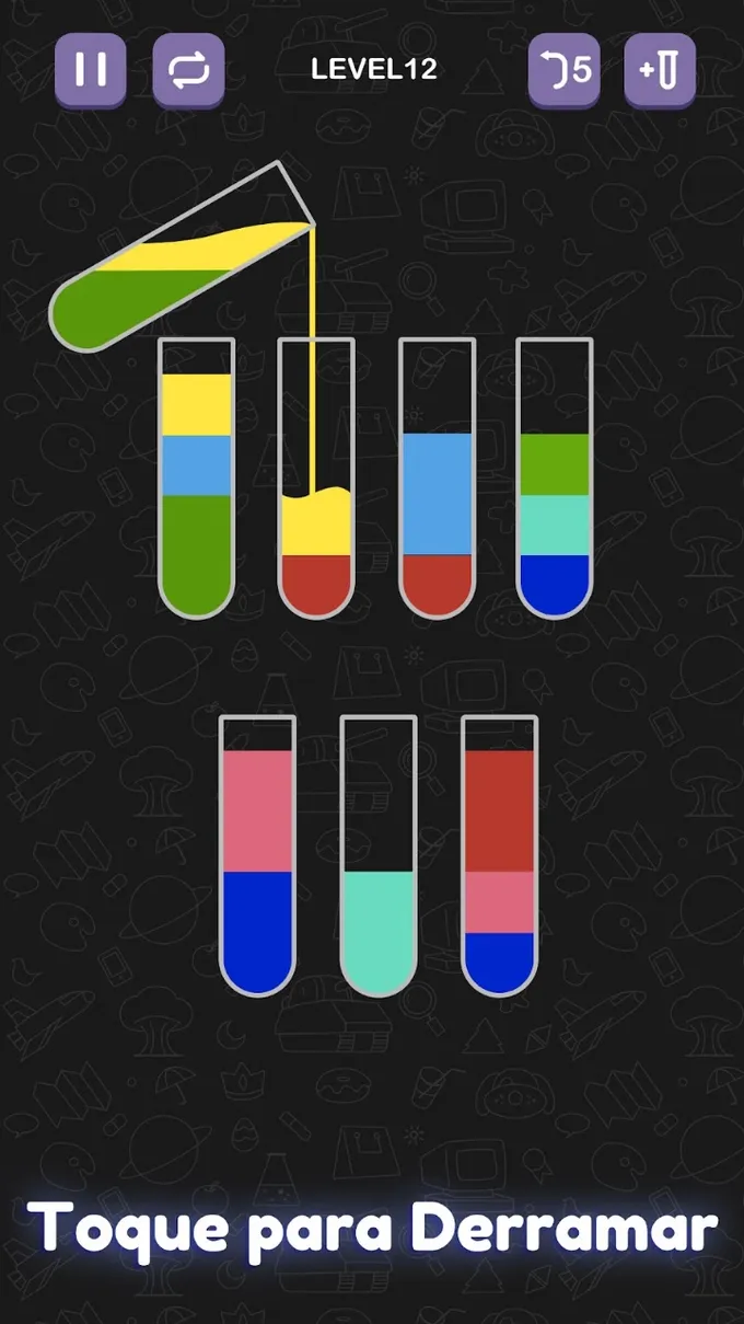 Tubos de vidro com líquidos de quatro cores por separar