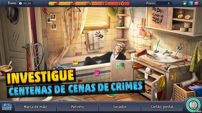 Cena de investigação do Criminal Case com objetos por recolher