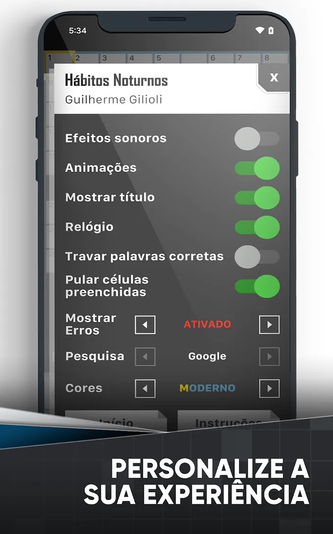 Grelha de palavras cruzadas em português com pistas numeradas