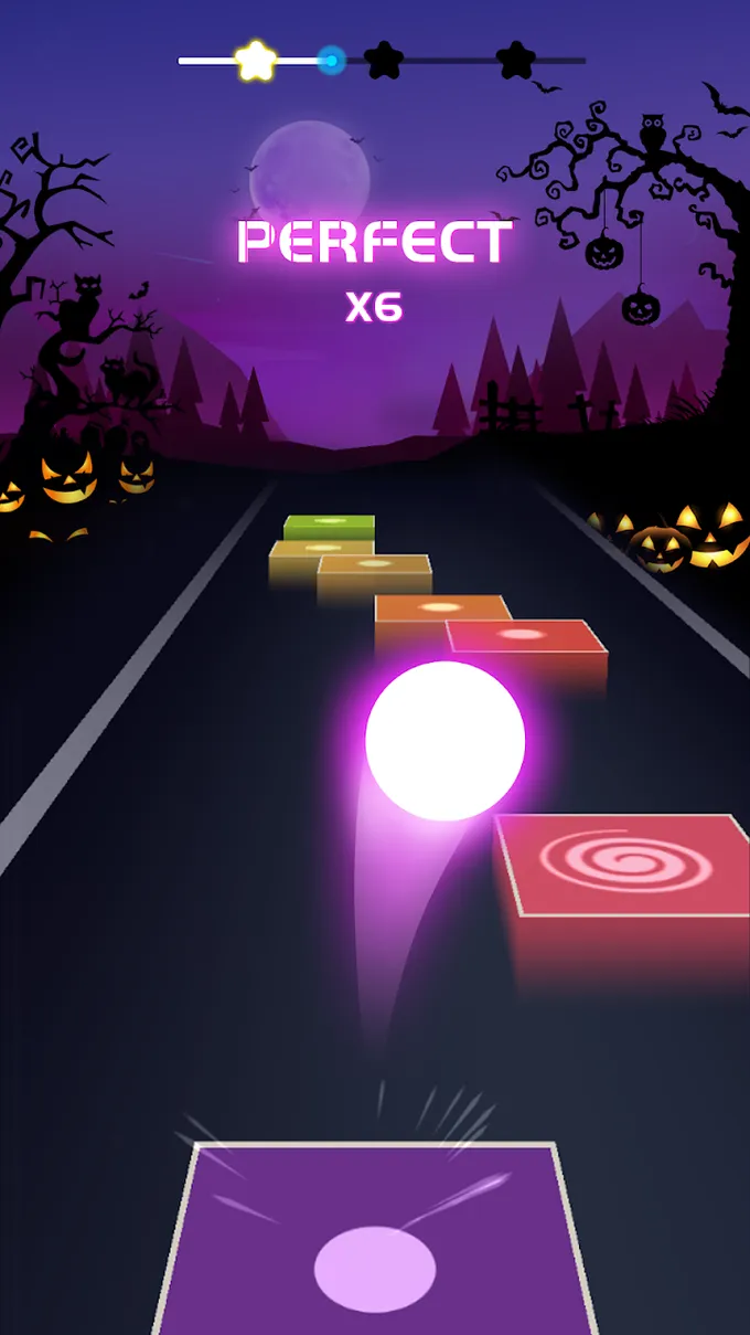 Bola a saltar entre plataformas de um jogo de ritmo