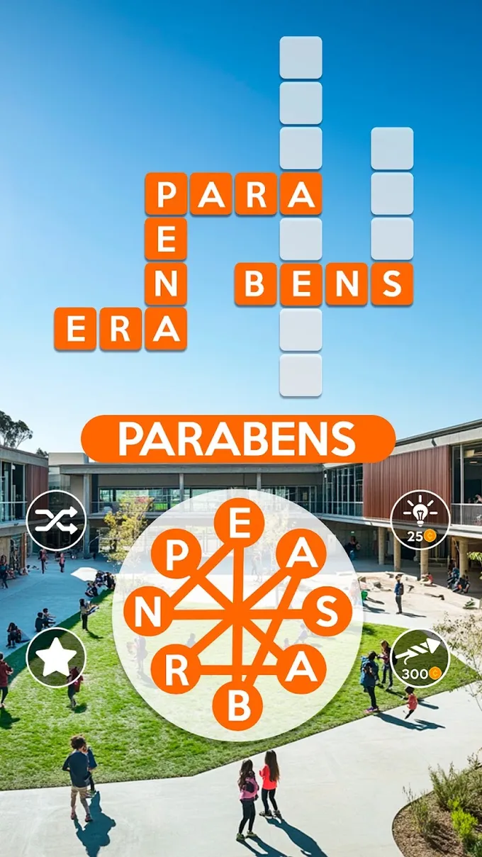 Roda de letras do Wordscapes sobre uma paisagem de montanha
